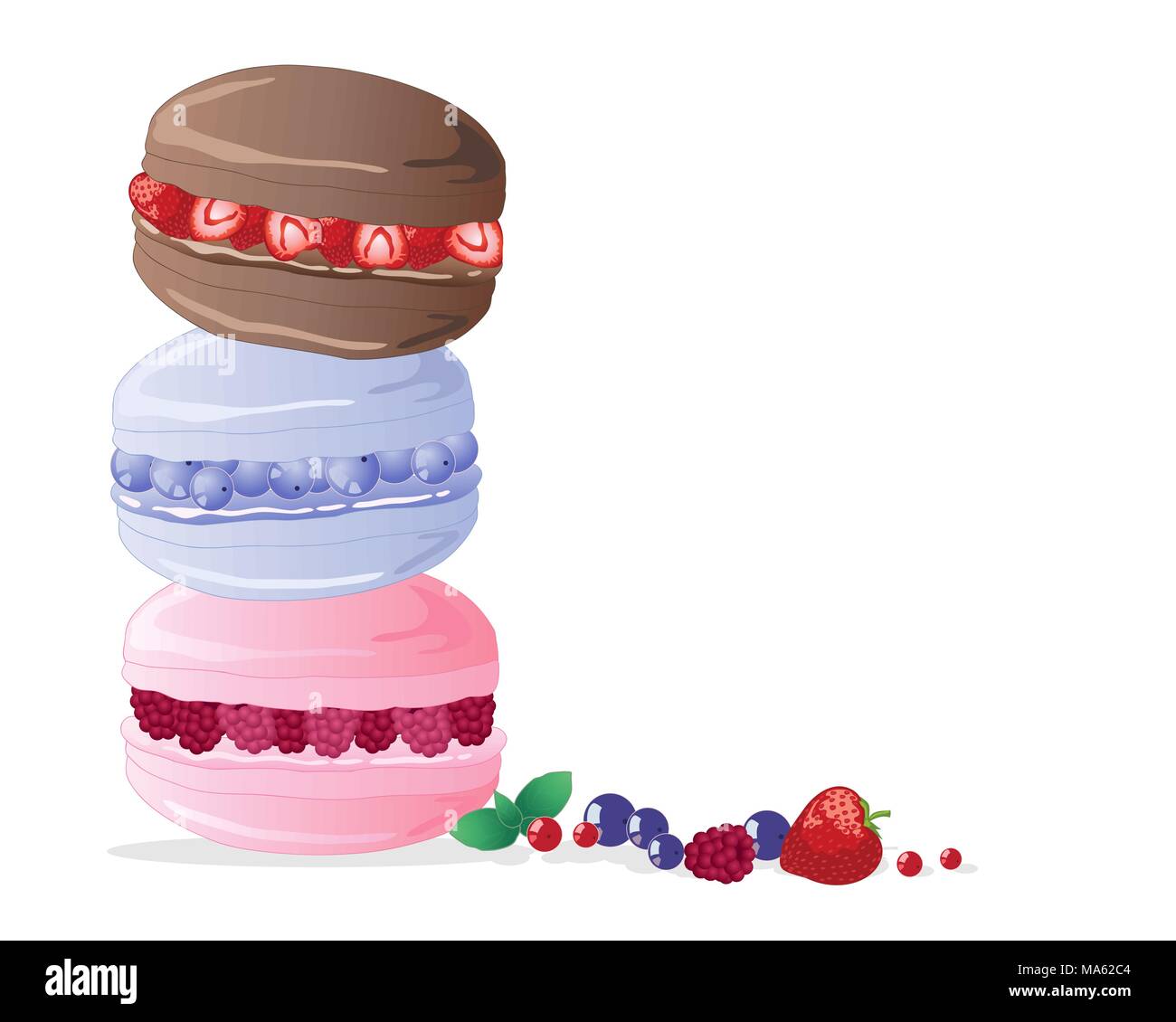 Un vecteur illustration en format eps 10 de trois macarons rempli de fraises bleuets et framboises dans une tour sur un fond blanc Illustration de Vecteur