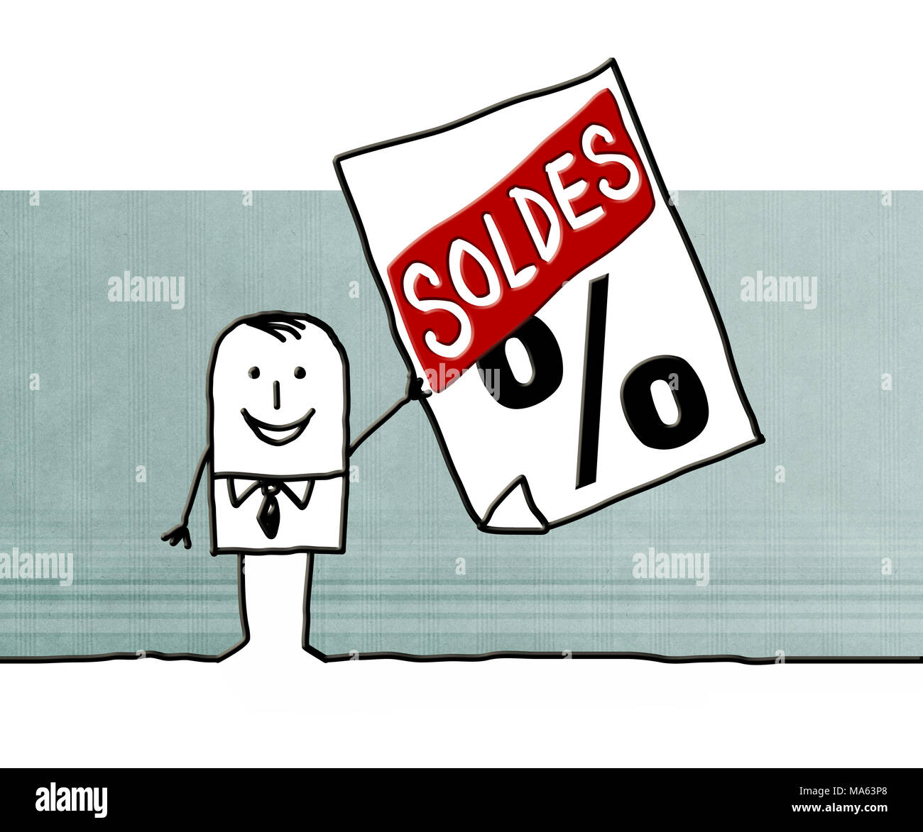 L'homme dessin animé avec vente annoncer Banque D'Images