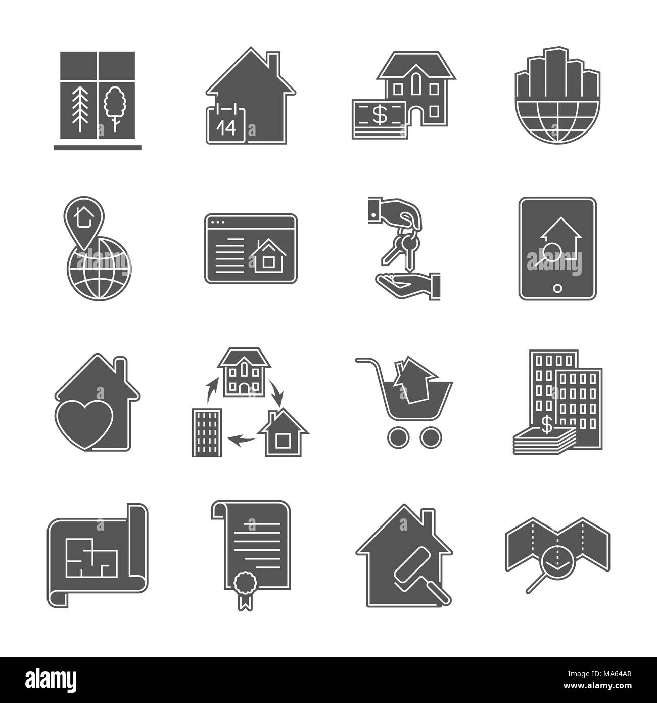 Immobilier art icons set. Les offres d'immeuble résidentiel et commercial. Symboles de style isolated on white Illustration de Vecteur