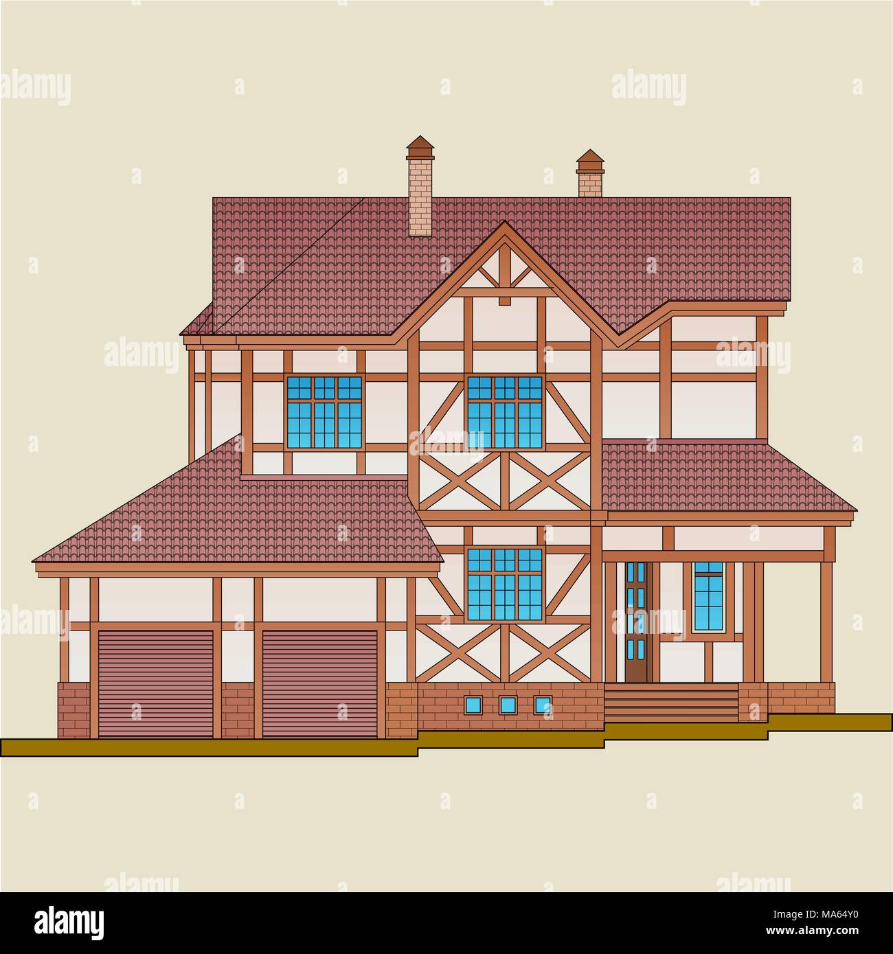 La maison est construite en bois naturel et plaqué brique. 'Post-et-beam' construction, comme un style d'architecture d'un immeuble. Illustration de Vecteur