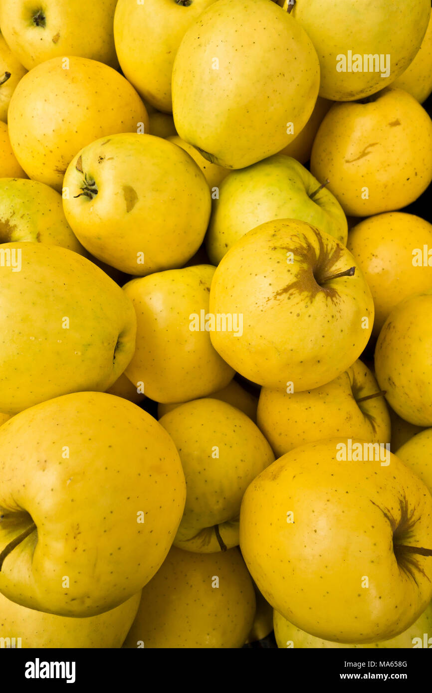 Tas de pommes Golden Delicious jaune au marché Banque D'Images