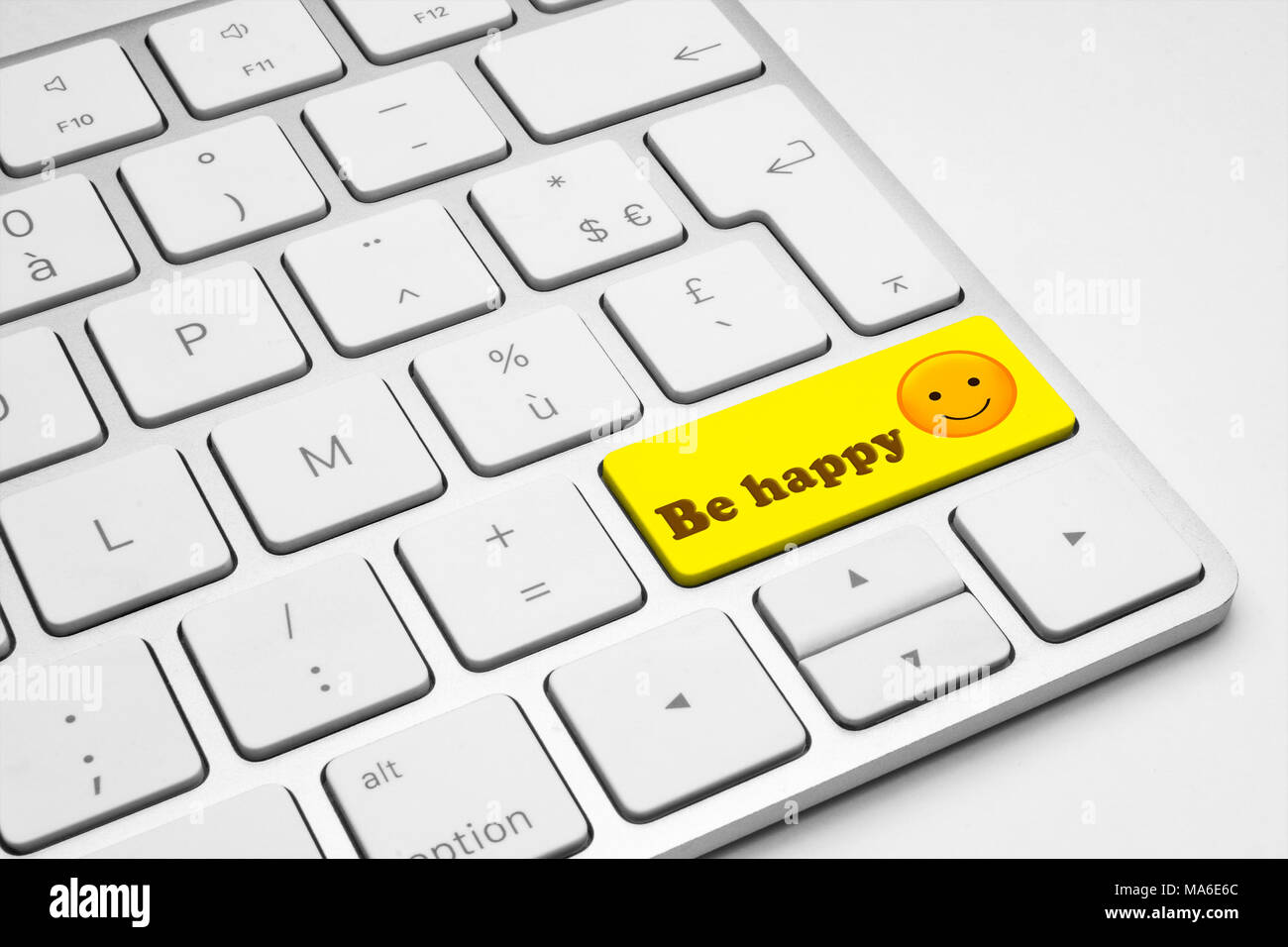 Être heureux bouton poussoir jaune sur fond blanc clavier isolé - internet, web, médias sociaux et d'affaires concept d'illustration. Banque D'Images