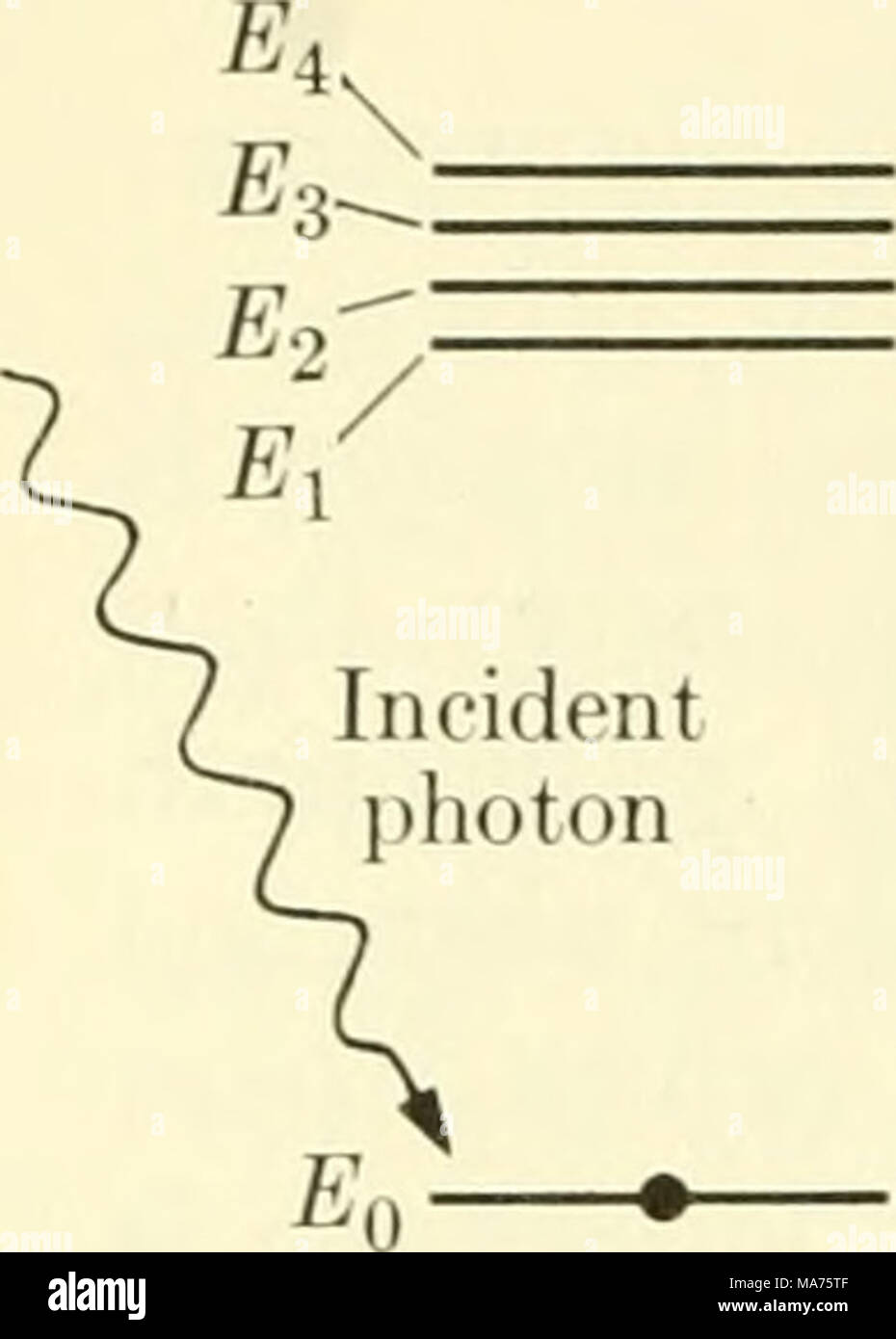 . Biophysique élémentaire : thèmes choisis . Electron est à ni- mal ou au sol au moment de l'état /  = 0 sec électron est dans un état excité après avoir absorbé l'énergie des photons E^ - Eq après 1 = 108 sec (a) a perdu un peu d'électrons énergie d'excitation est à l'état excité le plus bas autorisé dans 10-n-10-8 sec après avoir atteint l'Es Banque D'Images