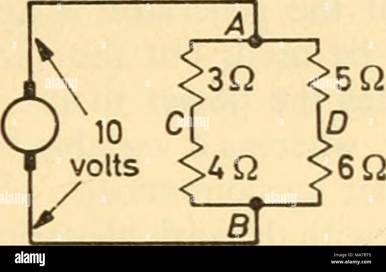. Appareils électroniques pour la recherche biologique . tigiire 2.18 La figure 2.17 en premier lieu, déposer les 2 ohms de résistance (figure 2.18). Nous avons maintenant deux diviseurs potentiels et le pont peut être résolu par les règles de résistance série- tances : La résistance dans le chemin A-C-B est de 7 ohms ; donc le courant dans le chemin A-C-B est 10/7 A. ; par conséquent, la différence de potentiel A-C est 3 X (10/7) volts. Par un processus similaire le P.D. A-D est de 5 X (10/11) volts. De sorte que le P.D. C-D est {5 X (10/11)} {- 3 X (10/7)} et c'est notre e'. Pour trouver /•', en gardant à l'esprit 3Q l-^/^^ A/v sn B r' -VWVVV^ "0I" (f'l)n JÚLIO 11 )-(3 JÚLIO 7 vo Banque D'Images