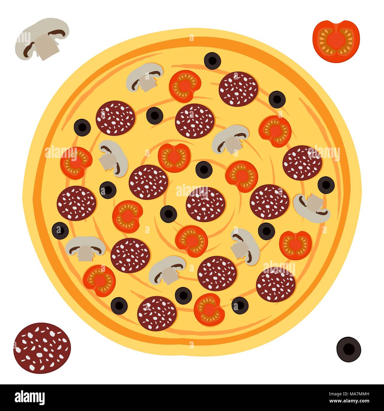 Pizza au fromage, salami, tomate, champignons, olives noires et de la sauce. Ingrédients séparément isolé sur fond blanc. Vector illustration en télévision Illustration de Vecteur