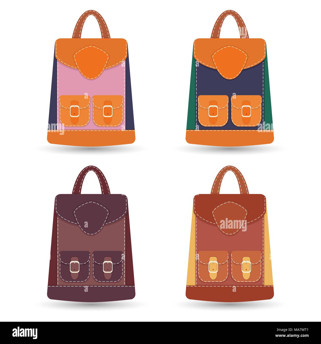 Collection de sacs à dos en cuir coloré élégant avec poches et surpiqûres blanches. Illustration vecteur eps8 Illustration de Vecteur