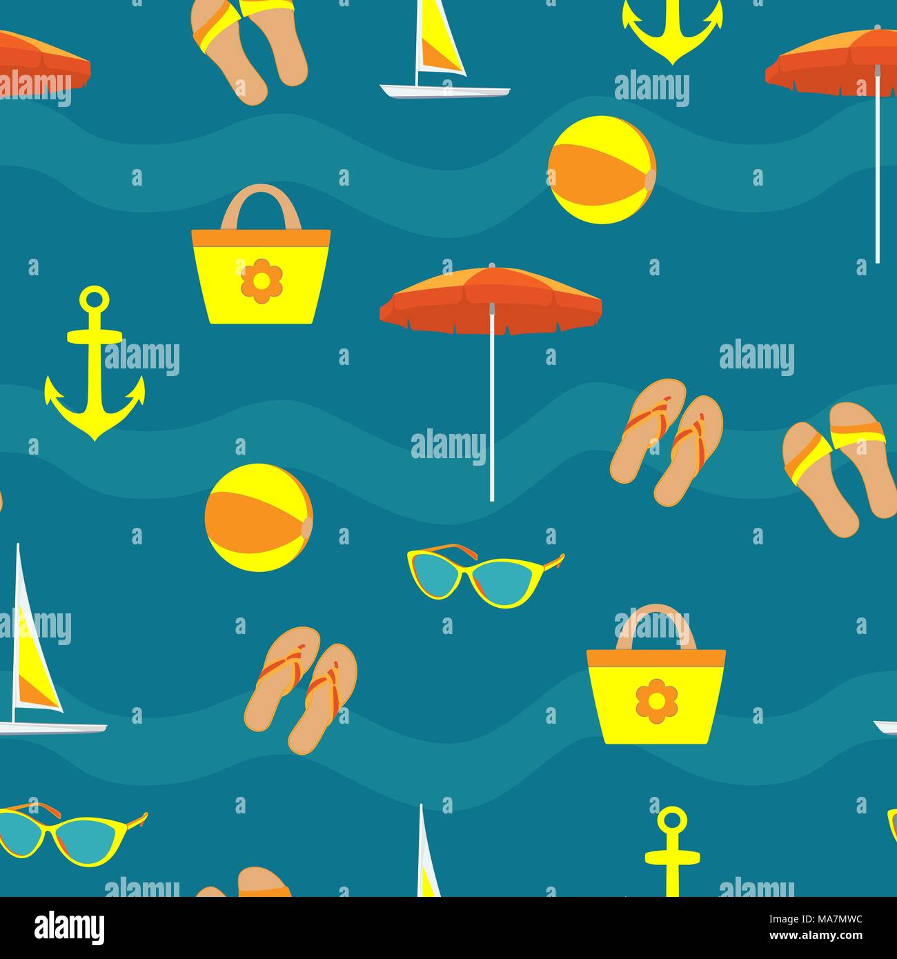 Vacances d'accessoires dans un style plat sur fond bleu, motif transparent. Chaussons, lunettes de soleil, parasol, ballon gonflable, sac de plage, ancho Illustration de Vecteur