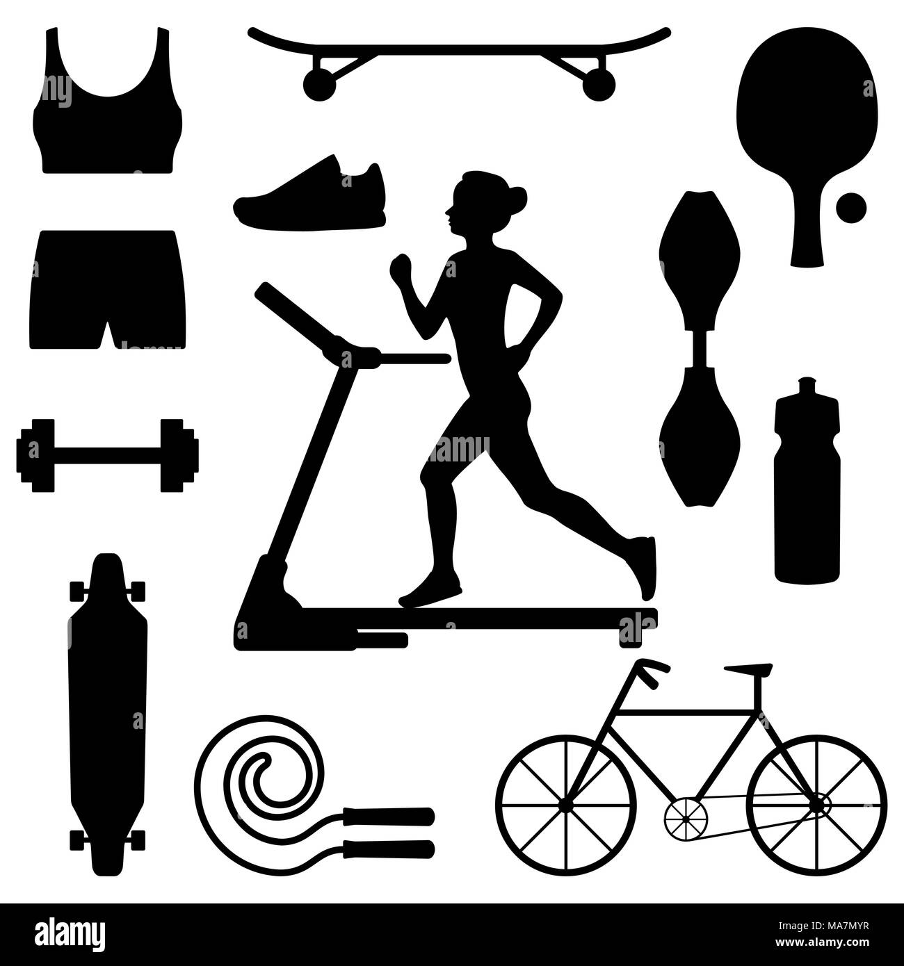 Silhouette d'une femme s'exécutant sur un tapis roulant, entouré par des  icônes d'équipement sportif pour différents sports. Image illustration  style de vie sain icon set Image Vectorielle Stock - Alamy