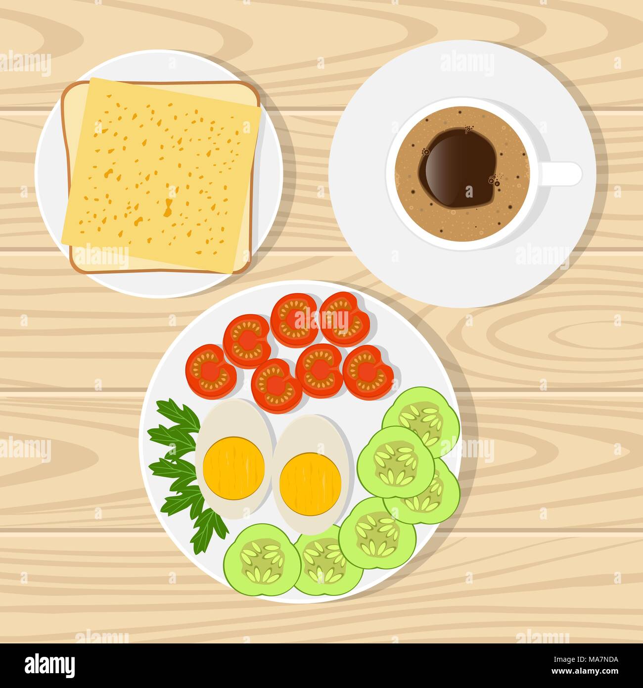 Du café, du pain grillé avec du fromage, des œufs, des tomates, concombres . Petit-déjeuner sur la surface en bois réaliste vector illustration Illustration de Vecteur