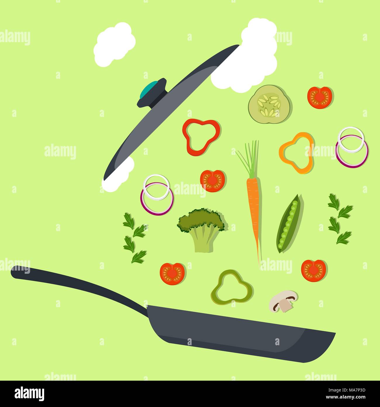 Les légumes et poêle. Le brocoli, poivron, Rouge tomate, carotte, oignon, verts cuisson vector illustration Illustration de Vecteur