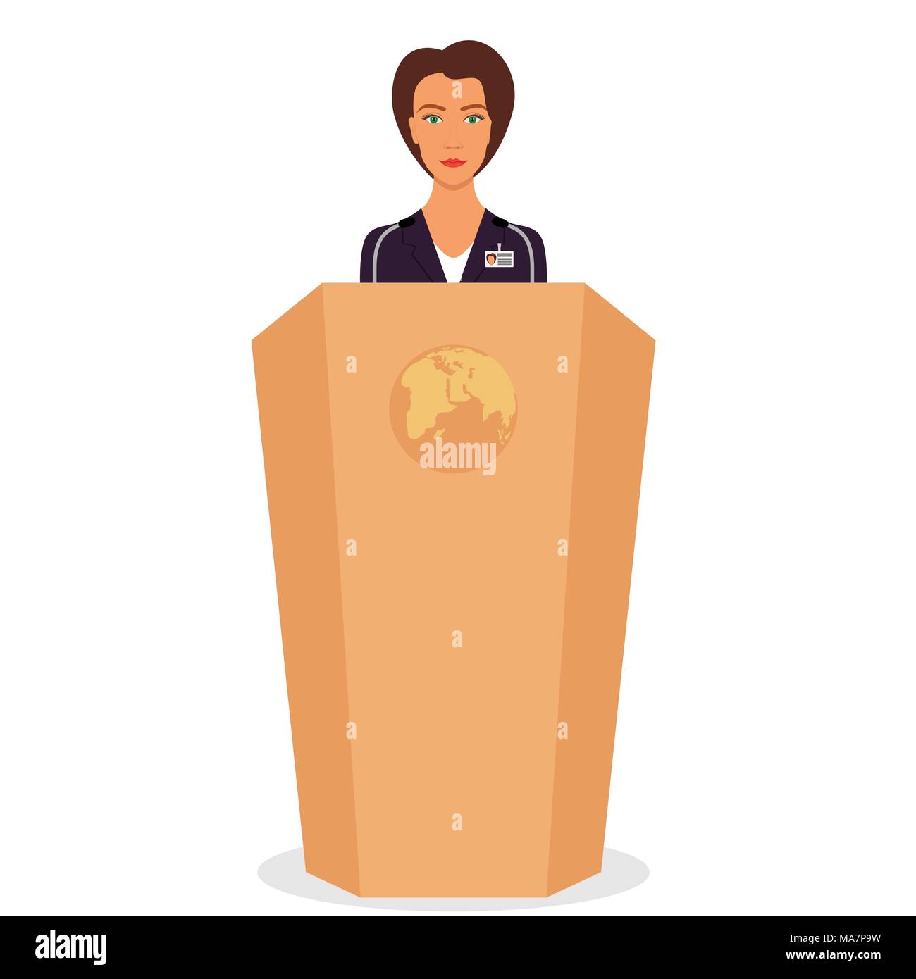 Femme dans un costume d'affaires se trouve sur un podium devant les micros. Femme parlant à partir de la tribune, un orateur. Vector illustration Illustration de Vecteur