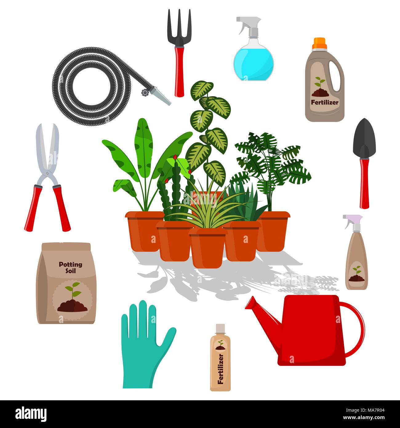 Plantes en pot entouré d'outils de jardin. Ensemble d'outils de jardinage, terreau, les divers engrais en bouteilles. Vector illustration style de télévision Illustration de Vecteur