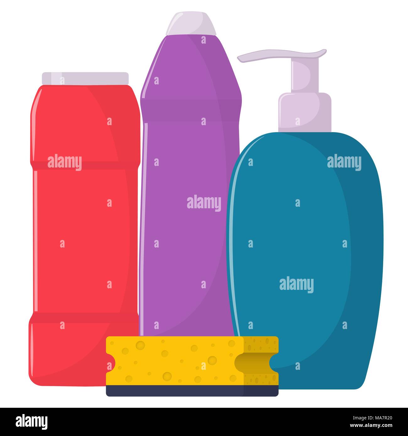 Les bouteilles de détergent, lessive, détergent en poudre, savon liquide, éponge de nettoyage. Services de nettoyage concept. Vector illustration, style plat, Illustration de Vecteur