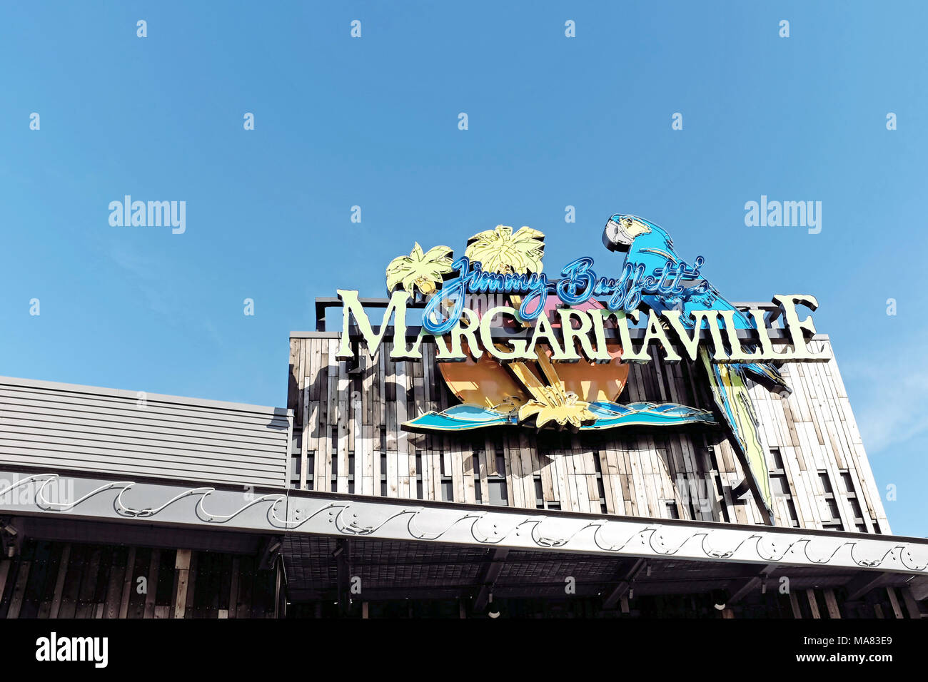 Jimmy Buffet's Margaritaville est l'une des nombreuses entreprises de divertissement dans le quartier Flats de Cleveland, Ohio, États-Unis en 2018. Banque D'Images