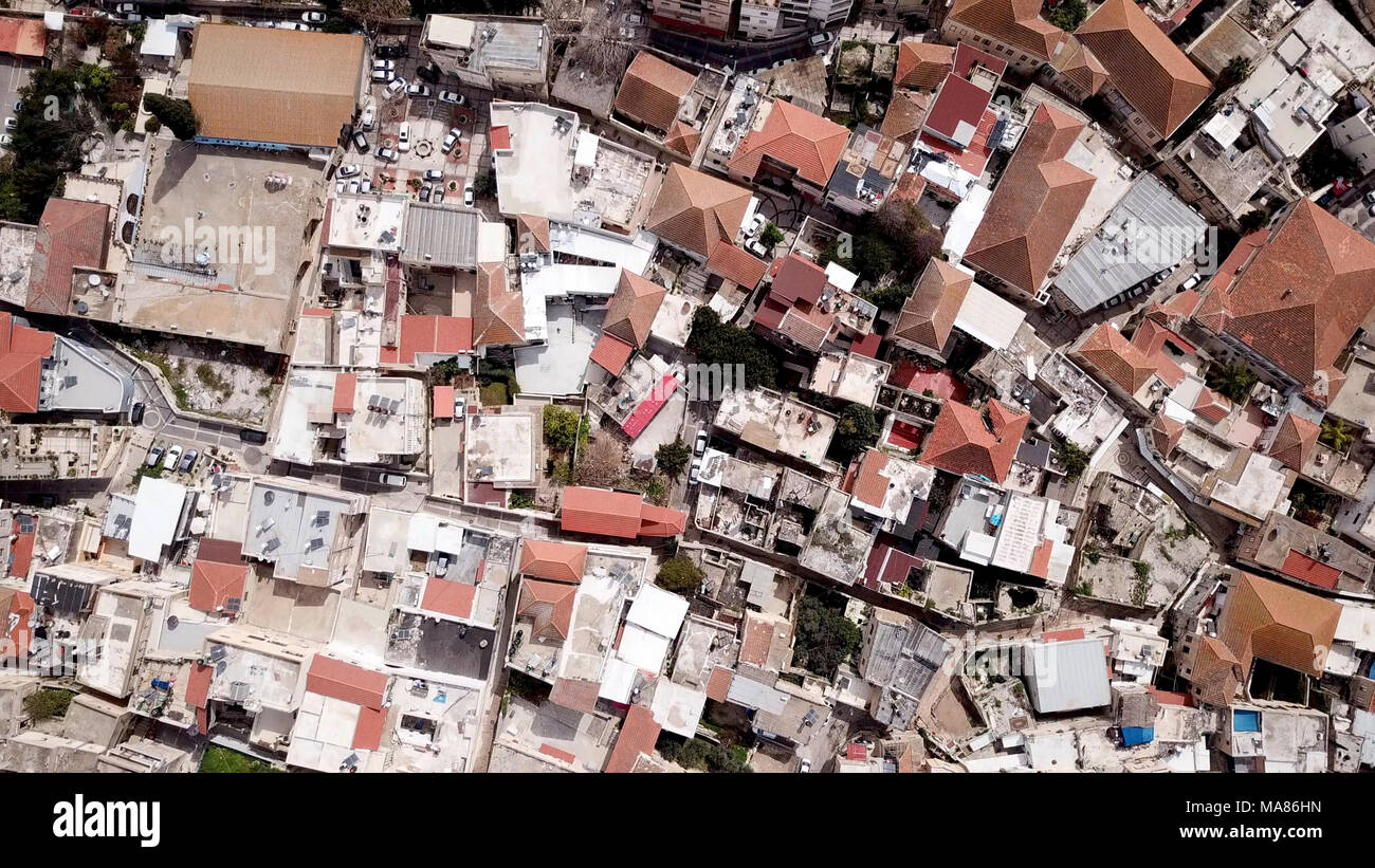 Nazareth, image aérienne des rues et des toits de la vieille ville. Banque D'Images
