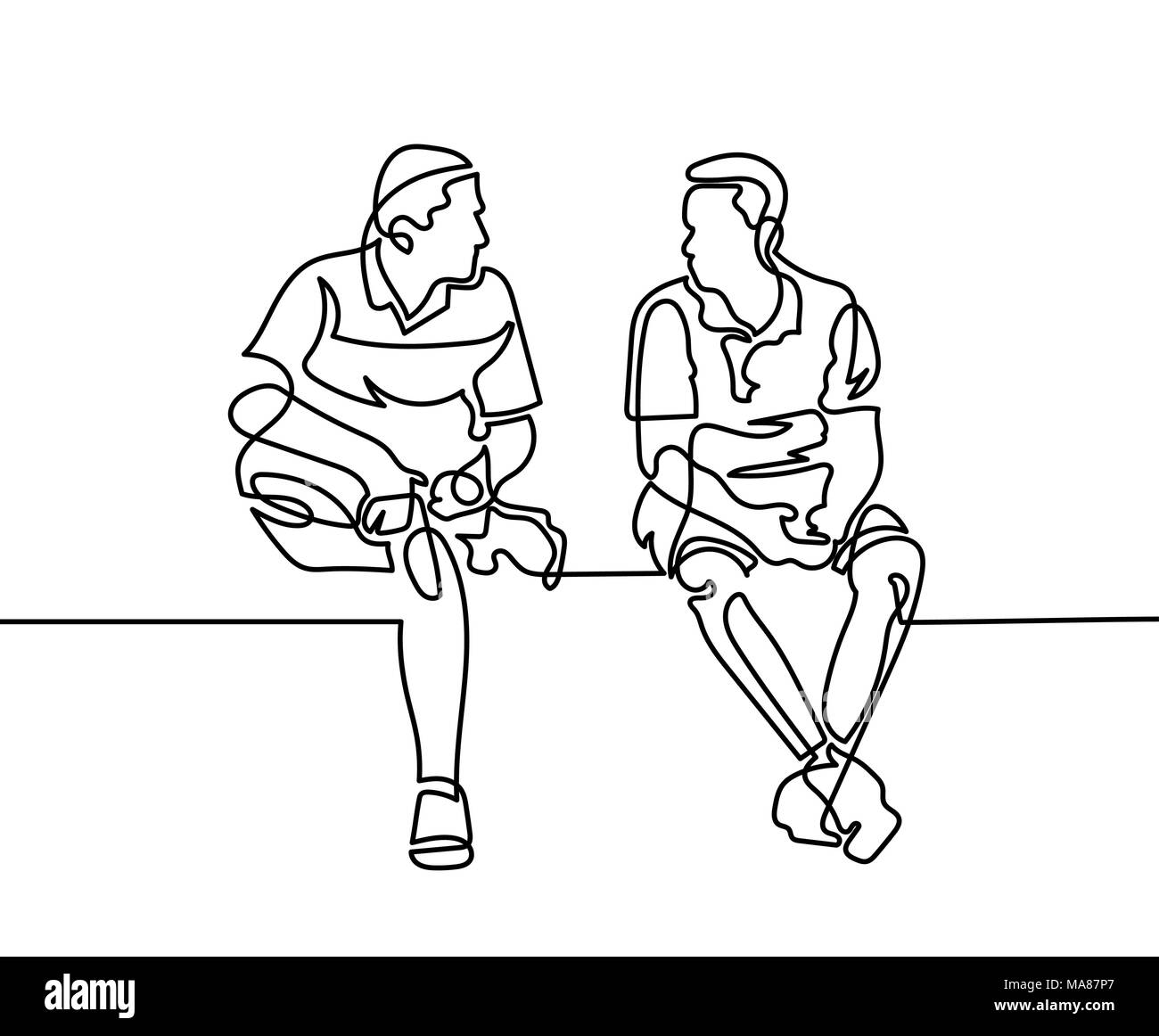 Une ligne continue de dessiner deux hommes s'asseoir et parler Illustration de Vecteur