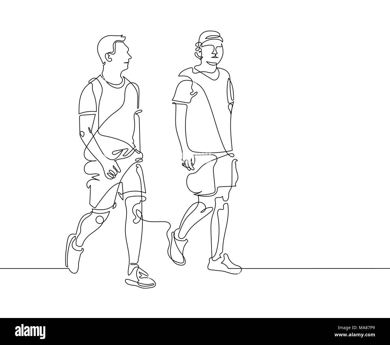 Une ligne continue l'élaboration de deux jeunes hommes sont à pied Illustration de Vecteur
