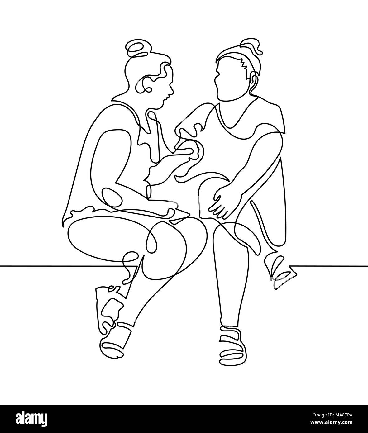 Dessin d'une ligne continue deux femmes sont assises et parler Illustration de Vecteur