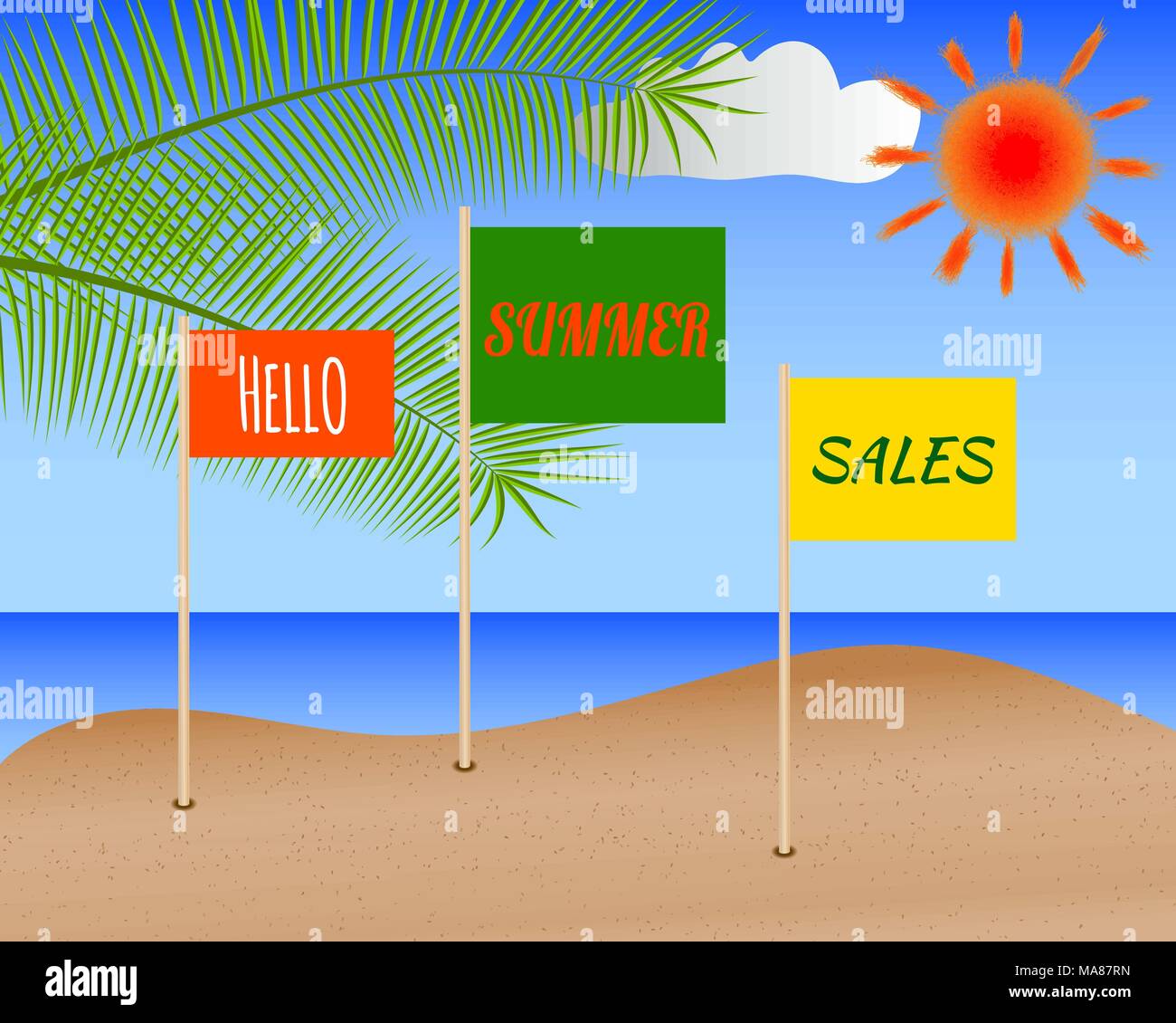 Shopping d'été poster. Vente en ligne de bannière avec seascape, soleil, feuilles de palmier et des drapeaux avec lettrage Bonjour vente d'été Illustration de Vecteur