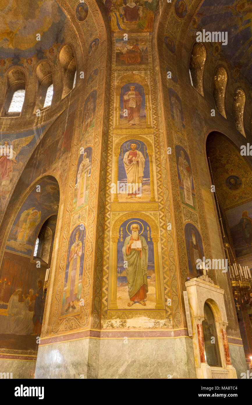 Détail de l'art sur les murs à l'intérieur de la Cathédrale Saint Alexandar Nevski à Sofia, Bulgarie. Banque D'Images