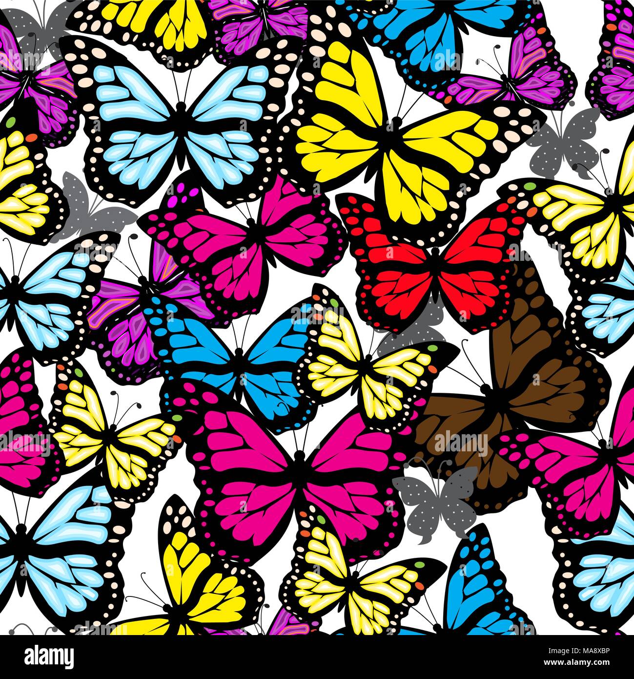 Papillons multicolores sur fond blanc. Vector illustration. Seamless texture. Illustration de Vecteur