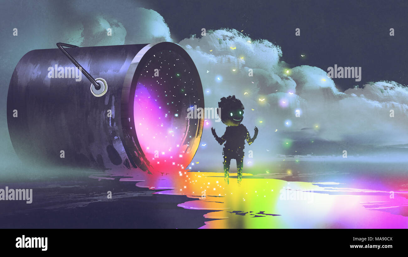 Fantasy illustration montrant un grand seau couché sur la surface et un adorable créature debout sur la flaque de peinture colorée, style art numérique Banque D'Images Fantasy illustration montrant un grand seau couché sur la surface et un adorable créature debout sur la flaque de peinture colorée, style art numérique Banque D'Images