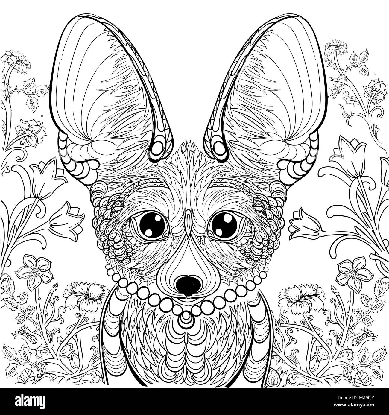 Fennec Fox et éléments floraux pour livre à colorier. Coloration anti-stress pour adulte. Pochoir de tatouage. Style Zentangle. Les lignes en noir et blanc. Motif dentelle Illustration de Vecteur