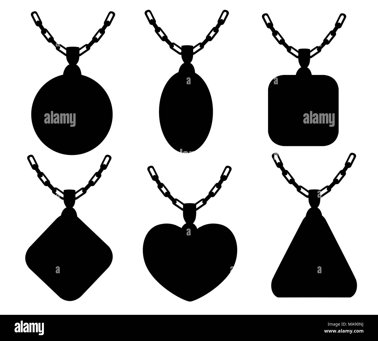 Silhouette noire. Ensemble de bijoux en or. Necklaces Collections avec carré, cercle, triangle et coeur, pendentifs diamant. Caricature de la chaîne de conception. Vector Illustration de Vecteur