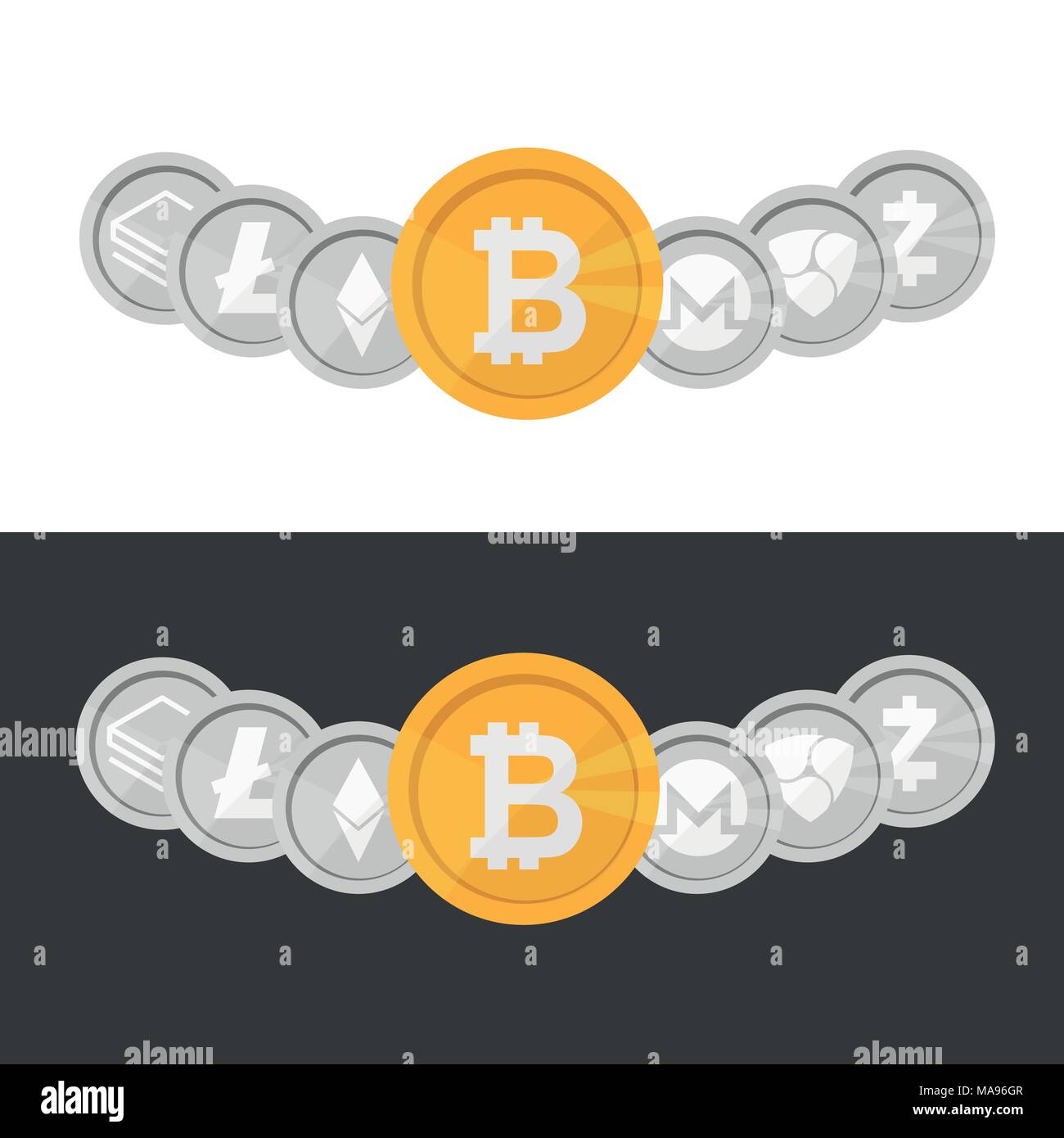 Logo Cryptocurrency coin set - sur bitcoin fond noir et blanc Illustration de Vecteur