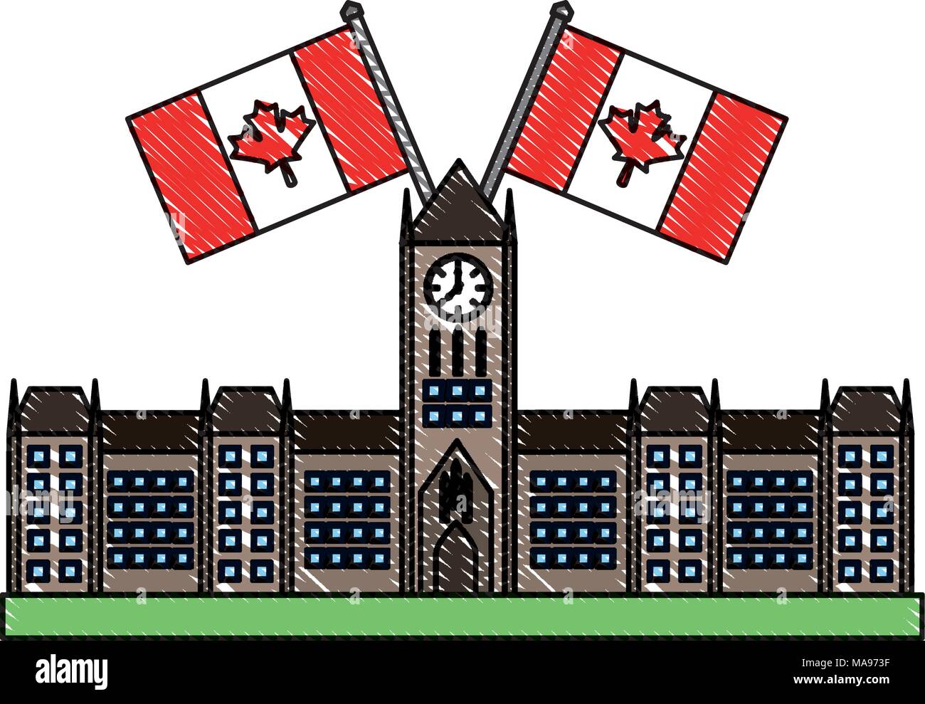 Le parlement d'ottawa canada monument avec des drapeaux Illustration de Vecteur