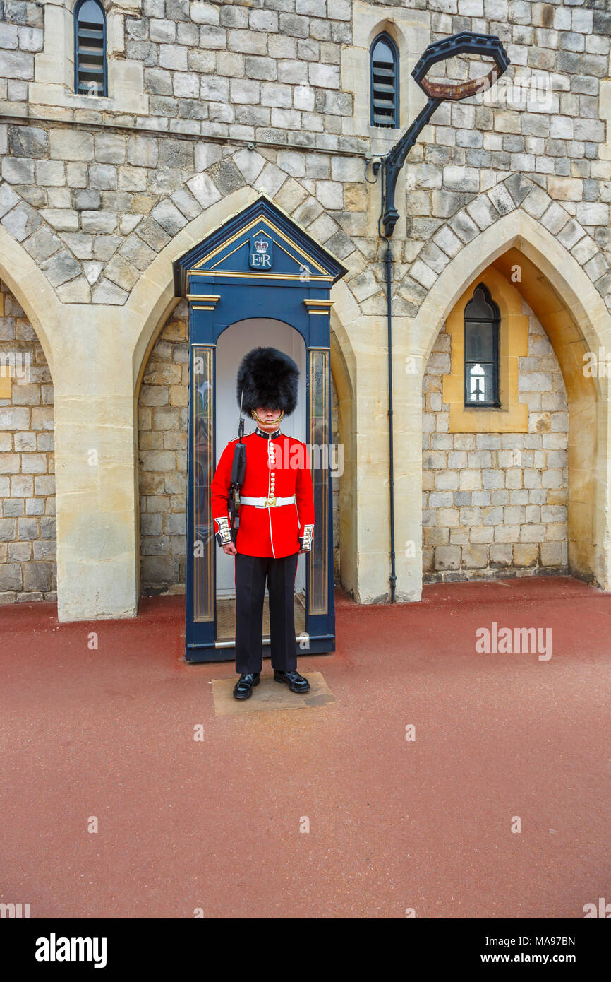 Soldat dans la garde de la Reine au château de Windsor, en Angleterre, avec l'uniforme rouge et noir traditionnel cap ou busby bearskin qualité pour attention, Windsor, Royaume-Uni Banque D'Images