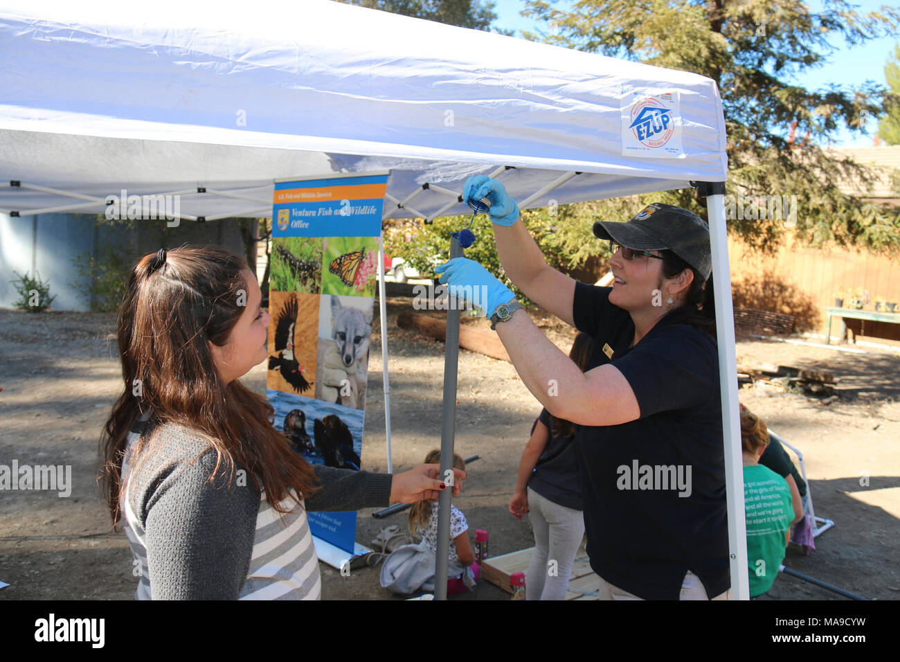 Marie racine (à droite), les partenariats permettent une conservation de la FWS, aide Girl Scout. Les biologistes avec le U.S. Fish and Wildlife Service a fait équipe avec Girl Scouts de centrale de la côte de la Californie le 22 novembre 2015 au Camp Arnaz près de Clayton pour construire des plate-formes flottantes qui seront utilisés par les espèces en light-footed clapper rail dans le comté de Ventura ce printemps. Utilisation d'outils et d'équipe, les filles 10 nids construits à l'aide de la plate-forme des feuilles de palmier et de plates-formes en bois. Les nids seront placés dans des lagunes à base marine Ventura comté avant la saison de nidification au printemps de 2016. Des biologistes de l'bas Banque D'Images