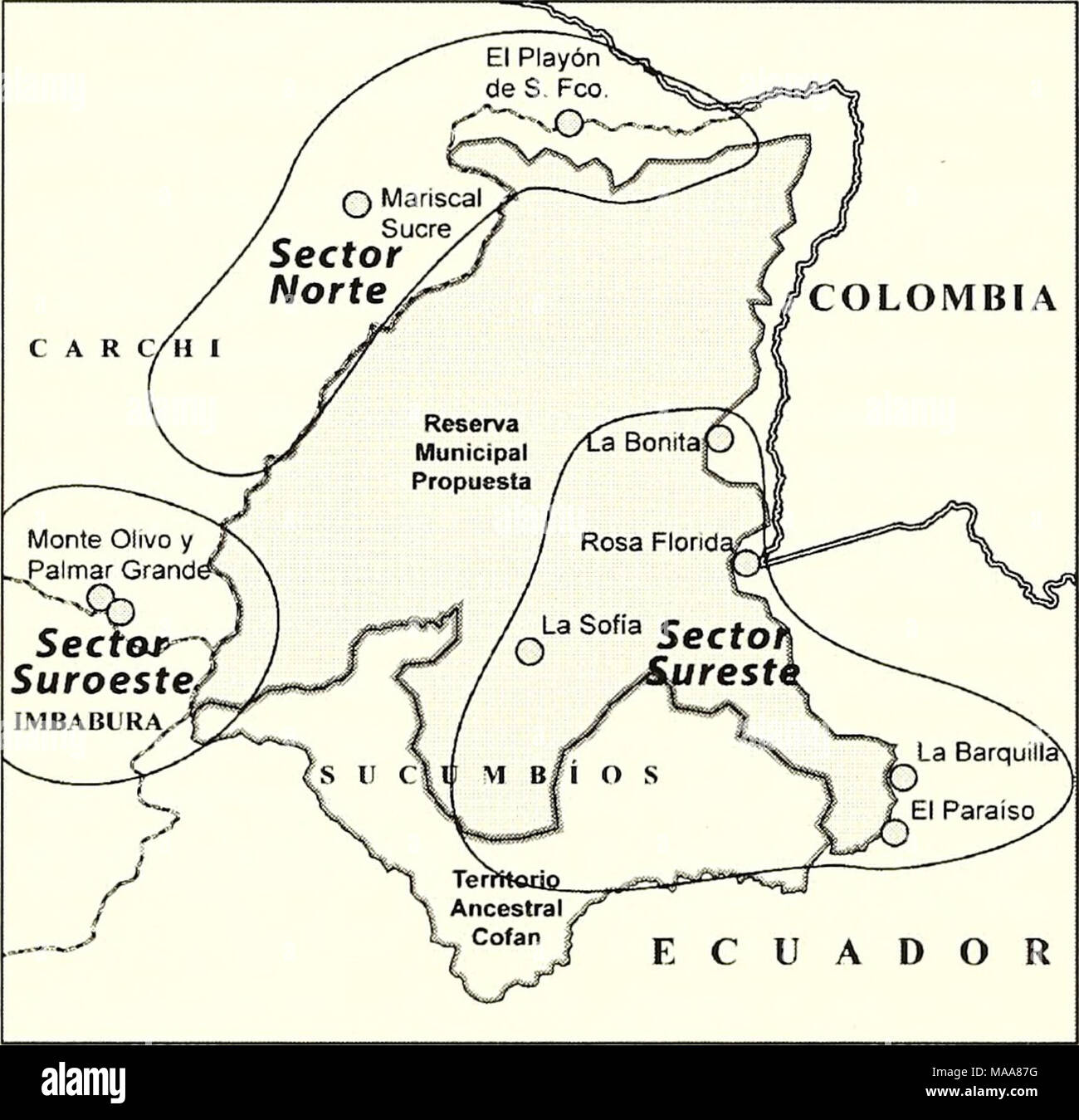 . Equateur : Cabeceras . Cofanes-Chingual su ubicación geopolítica y sus patrones de uso de recursos naturales (Fig.18, Tabla 3). Las comunidades del Sureste están muy entretejidas entre tr en cuanto a su historia, asentamiento, desarrollo y economía, y sus terrenos caen dentro de un rango de altura de 800 a 2.500 m. Las comunidades del Norte se encuentran algunas en la Provincia de Sucumbíos y otras en la Provincia de Carchi. Las de la Franja norte de Sucumbíos comparten relaciones históricas con las de la primera zona, pero en términos geográficos, ecológicos, económicos y de comunica Banque D'Images