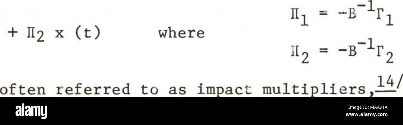 . L'évaluation économique de la lutte contre les moustiques à spectre étroit et développement en Californie . mosquitocide montrent l'effet d'un changement d'unité dans une variable exogène sur la valeur attendue d'une variable endogène contemporaine après tous les effets simultanés du système ont été travaillé à travers. Dans le modèle de réduction, d'un changement de la valeur des puisards, étangs, etc. (Kjy), ou la somme des endroits traités avec des pesticides (K20) se produira avec les changements dans les variables endogènes (K7) et (K5). Les effets multiplicateurs pour la variable exogène K^y et K20 sur la Banque D'Images
