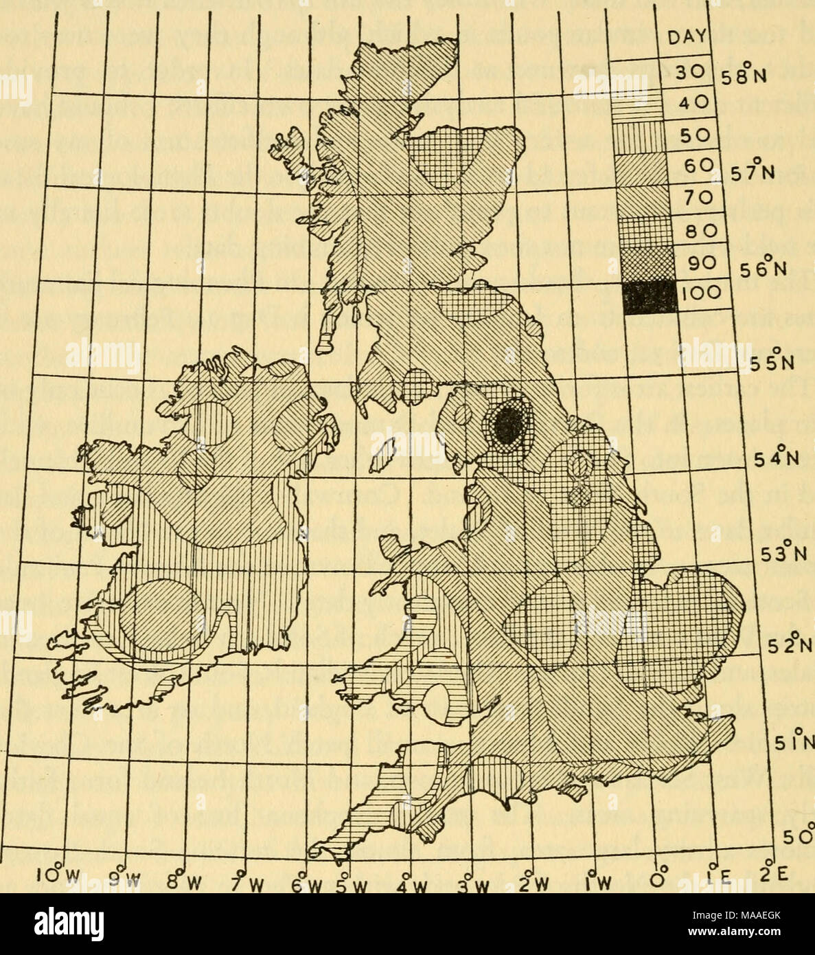 . L'écologie et l'histoire de la vie de la grenouille rousse (Rana temporaria temporaria) . 6W 5W 4W 3W SON Fig. 28. Carte montrant la relation de la date de la ponte à la position géographique où collines orographical, les effets sont les plus pluvieux. Ces endroits peuvent être pris sur la carte, en utilisant seulement les grenouilles comme guide. Dart- Moor, Exmoor, la bande côtière soutenue par les collines du sud du Pays de Galles, et les régions côtières de l'Ouest, sont tous représentés. Les hauteurs de Dorset, le Yorksliire Hills et même le petit patch soutenu par l'Cheviots, ce qui interrompt les vents provenant de la mer du Nord, apparaissent tous Banque D'Images