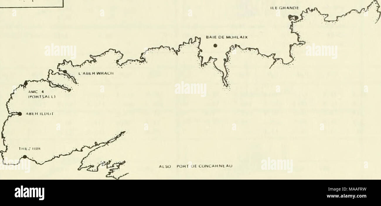 . Étude écologique de la marée noire de l'Amoco Cadiz : rapport de la NOAA-CNEXO Commission mixte scientifique . POH) aussi tUNCAHNt U£ AU FIGURE 3.39. Sites d'échantillonnage des carottes de sédiments (Ward). L'ensemble de base de données, où GC et GC/MS données existent, il n'est par l'illustra- ted données dans le tableau 16. Cependant, les données secondaires produits sont présentés ici pour illustrer les résultats de base de ce segment de l'émission. Des traces de GC Mars 1979 est présenté dans les figures 3.40 et 3.41. Bien que la composition en hydrocarbures de l'estuaire (commande de l'Aber Ildut) se compose principalement de composés biogéniques le marais vasière Banque D'Images
