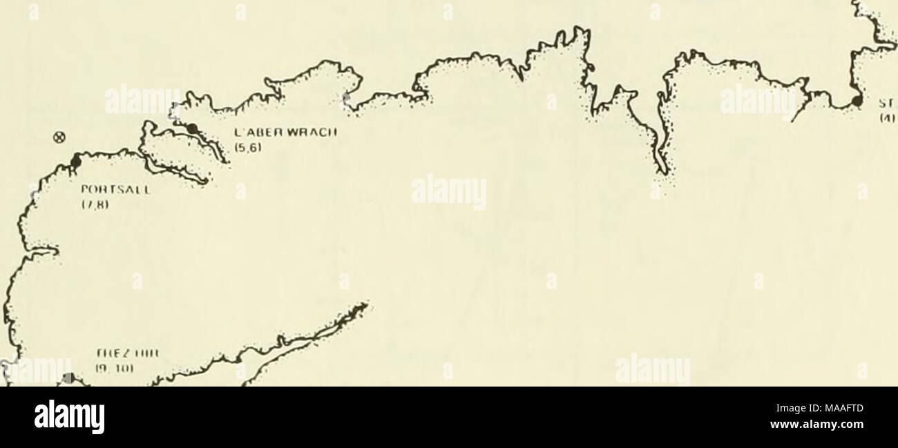 . Étude écologique de la marée noire de l'Amoco Cadiz : rapport de la NOAA-CNEXO Commission mixte scientifique . .., ^ :&gt ;( MM III I l ri mil Vt FIGURE 3.7. Les sédiments de surface'ssampling endroits (Atlas) TABLEAU 5. Programme de chimie de l'Amoco Cadiz, les sédiments de surface (Atlas). Avril 1978 Fréquence-octobre 1978 (Caldec) Décembre 1978 Mars 1979 Juillet 1979 Novembre 1979 Mars 1980 Mai 1981 Total 20 10 12 15 11 12 80 10 stations primaires cations 1,2,3 Il Grande 4 St Michel-en-Greve 5,6 L'Aber Wrac'h 7,8 Portsall 9,10 Trez-Hir 11-14 Autres Stations Impact GC/MS 3 Stations (lie), 5 (L'Aber Wrac'h), 7 (Portsa Banque D'Images