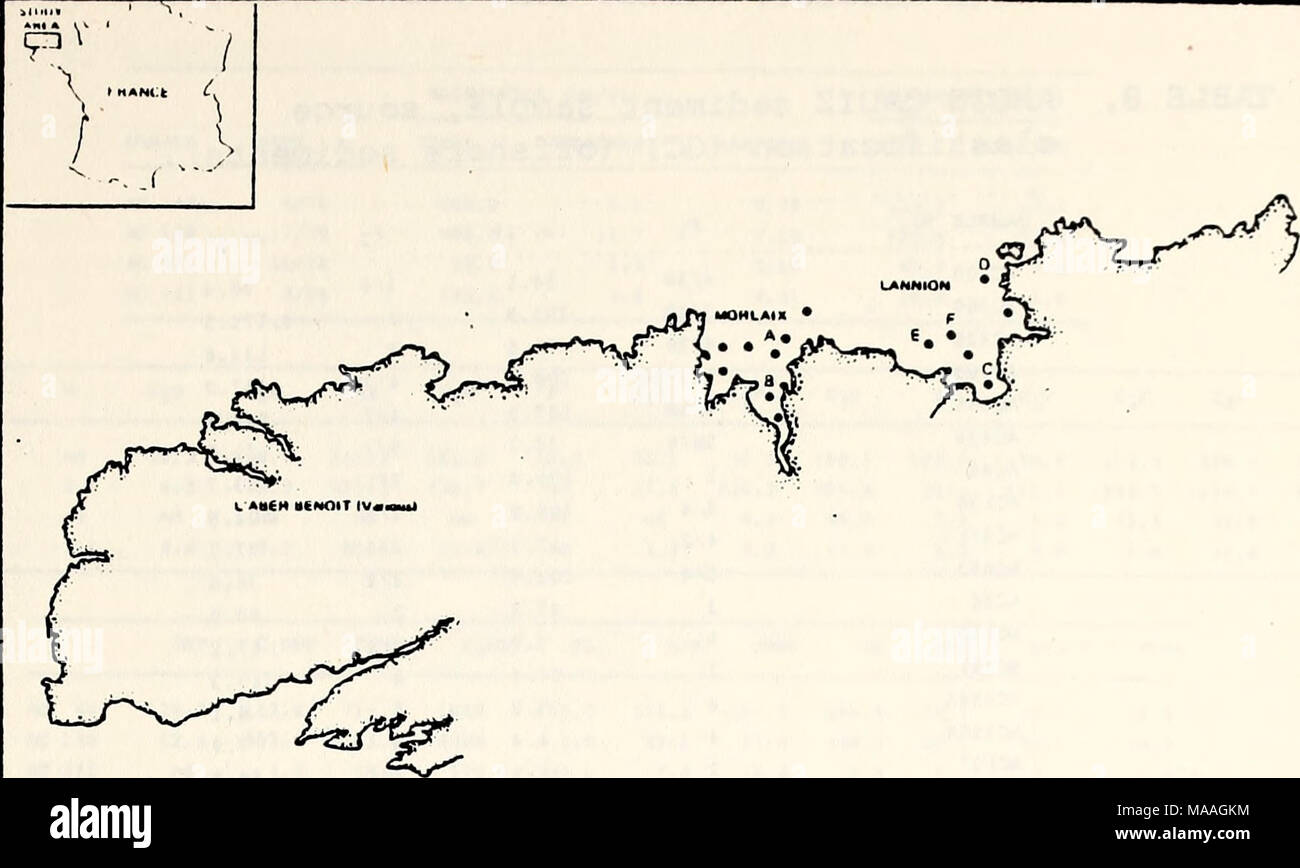 . Étude écologique de la marée noire de l'Amoco Cadiz : rapport de la NOAA-CNEXO Commission mixte scientifique . FIGURE 3.35 les sédiments de surface au large des côtes et de l'Aber Benoit sites d'échantillonnage (Marchand, Courtot). La concentration en hydrocarbures et la source des classifications pour l'ensemble des données sont présentées dans le tableau 8. Les déterminations d'hydrocarbures aromatiques par GC/MS pour appearv plusieurs fois dans les tableaux 9 à 13 et pour deux des échantillons de l'Aber Benoit dans le tableau 14. Une excellente façon de voir la série chronologique L'information est présentée dans les figures 3.36 et 3.37. À la fois le mensonge et Morlaix/ Terenez Banque D'Images
