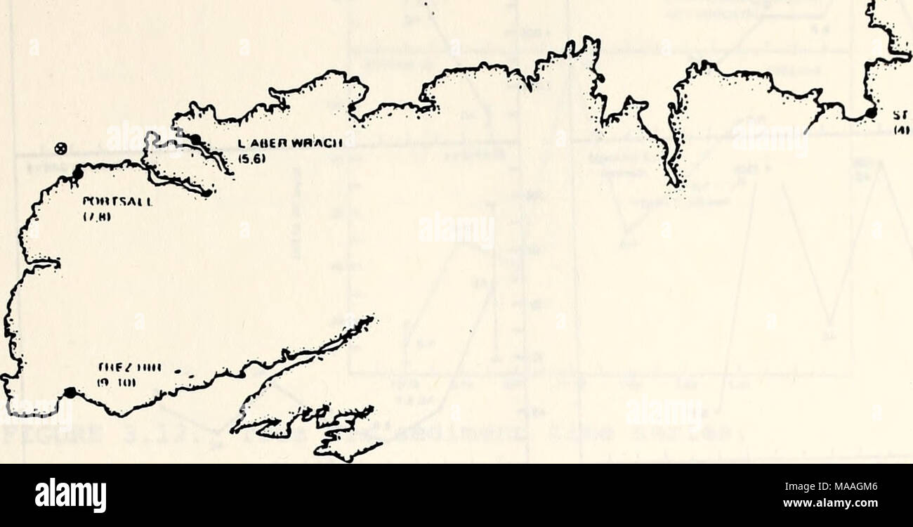 . Étude écologique de la marée noire de l'Amoco Cadiz : rapport de la NOAA-CNEXO Commission mixte scientifique . UIIANIIl IE ew Ht Me. Ml J'fNMII-Vt 141 FIGURE 3.7. Les sites d'échantillonnage des sédiments de surface"(Atlas). Tableau 5. Programme de chimie de l'Amoco Cadiz, les sédiments de surface (Atlas) Fréquence ? Avril 1978-octobre 1978 (Calder) Décembre 1978 Mars 1979 Juillet 1979 Novembre 1979 Mars 1980 Mai 1981 Total 20 10 12 15 11 12 80 10 emplacements des stations primaires 1,2,3 sont Grande 4 St Michel-en-Greve 5,6 L'Aber Wrac'h 7,8 Portsall 9,10 Trez-Hir 11-14 Autres Stations Impact GC/MS 3 Stations (lie), 5 (L'Aber Banque D'Images