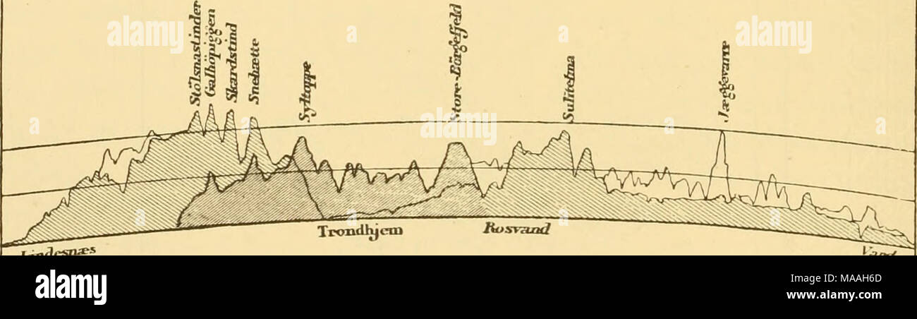 . La terre et ses habitants .. . /.Indt-sn 300^' ililes. deux vallées, vidange de l'un à l'ouest à l'Troudhjem-Fiord, l'autre vers l'Est jusqu'à la rivière Indals. Non loin de là la crête est traversée par son extrême nord de route, 1 670 pieds de haut ; et un peu plus au sud le chemin de fer de Trondhjem à Sundsvall traverse la Kjolen à une altitude de 1 948 pieds. Au-delà de ce point la crête principale se plie au sud-est de la Suède, en relevant progressivement à une simple terrasse, qui imiDcrceptibly disparaît entre le Klar et Wester Dal les vallées, dans la direction du lac plus humides. Cette b Banque D'Images