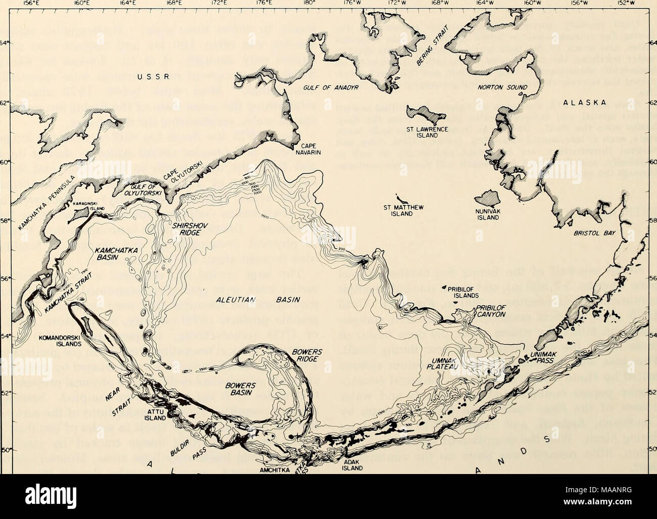 . L'Est de la mer de Béring Tablette : océanographie et ressources / edited by Donald W. Hood et John A. Calder . ALASKA J t J I J I L  AMCHITKA 4&lt;fe) jif ÎLE^V ? I I I I I I 1 , I 1 1 1 1 L. Figure 1-1. La mer de Béring : Environ la moitié de la mer de Béring est plaines abyssales à des profondeurs supérieures à 3 500 m et à environ un demi-plateau continental à des profondeurs de moins de 200 m. Les travaux récents ont porté sur le plateau au nord de l'île Saint-Laurent et à l'Est de l'île Nunivak/îles Pribilof. Ce chiffre a été préparé par Noel McGary pour l'atlas par Sayles, et al. (1979). Banque D'Images