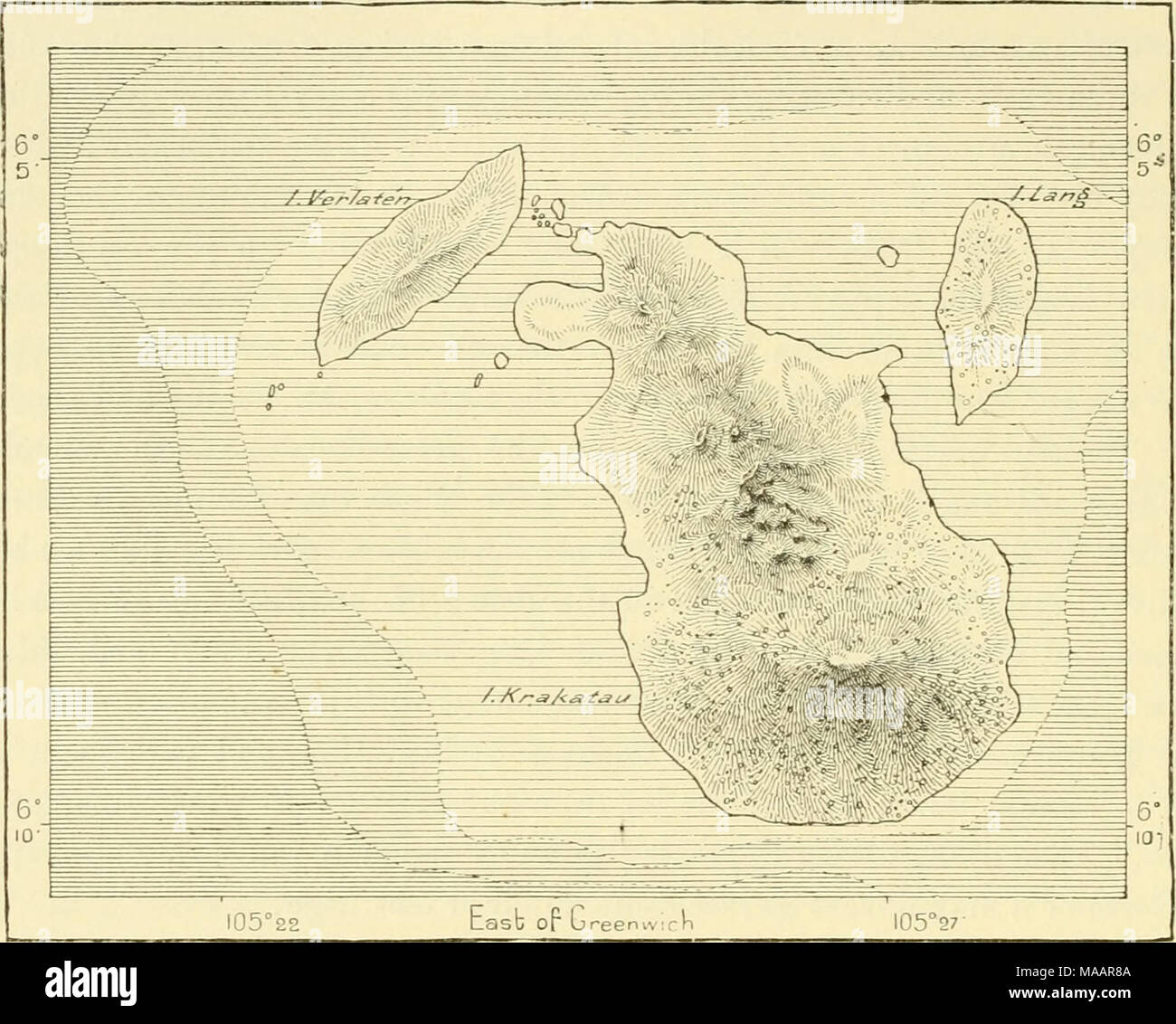 . La terre et ses habitants .. . 01 160 pieds". Profondeurs. 160 à 320 pieds. 320 pieds et vers le haut.s. - 3 miles le} système de Sumatra, pour qu'il fonctionne dans la direction du nord-est au sud-ouest. À cette à peine perceptible ridge appartiennent les deux îles de Sebesi et Krakatau dans le détroit de Sunda, et le système est peut-être également poursuivi en vertu de l'Océan Indien pendant quelque six cents milles à l'Îles Keeling, qui se trouvent dans une ligne directe avec Baja Bassa et Krakatau. Mais encore un autre défaut volcanique croise celui de Sumatra et Krakatau dans le détroit de Sunda. C'est le grand système javanais, exécutant Banque D'Images