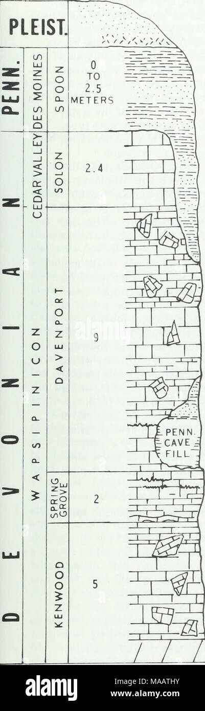 . Paleotopography Pennsylvanien précoce et milieux de sédimentation, le comté de Rock Island, Illinois . Loess et très minces dépôts glaciaires. De schiste noir, gris foncé, de matières fissiles avec blocs de grès interstratifiés fine. 9e jusqu'à gris verdâtre et sableuses de grès pyriteux de couleur claire. Calcaire, buff, grain fin à moyen, de nombreux brachiopodes. Calcaire, gris très clair, à sublithographic, lithographique très bréchifié, argile verte et des traînées de schiste, vers le bas en gris verdâtre et de calcaire gris brunâtre, durs et cassants, de nombreuses bandes ondulées et lits minces irréguliers. Cave Banque D'Images