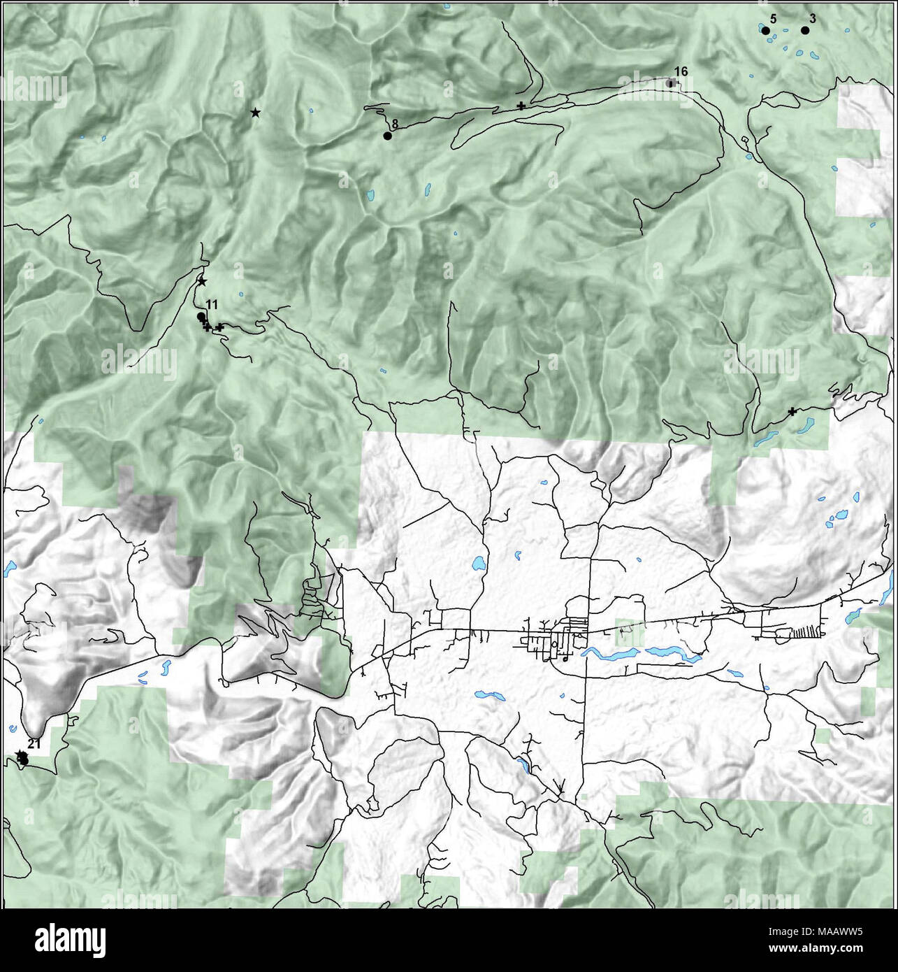 . Inventaire des plantes, les communautés végétales et de l'herpétofaune préoccupation dans le voisinage de l'Snow-Talon brûler, Helena National Forest . • Source de données Programme de Patrimoine canadien en 2004 et 2005 n * Programme d'inventaire des amphibiens w w^^^^^E  + D'autres données dans la base de données du patrimoine Site ^ numéros correspondent à ceux du tableau 2 0,9 1,8 Miles Banque D'Images