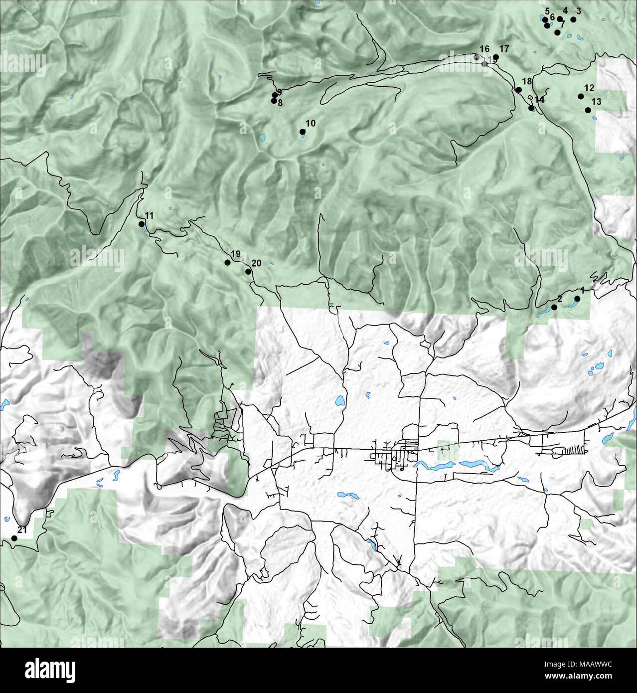 . Inventaire des plantes, les communautés végétales et de l'herpétofaune préoccupation dans le voisinage de l'Snow-Talon brûler, Helena National Forest . Les numéros correspondent à ceux du site dans le tableau 2 N S 0,9 1,8 Miles  J I Banque D'Images