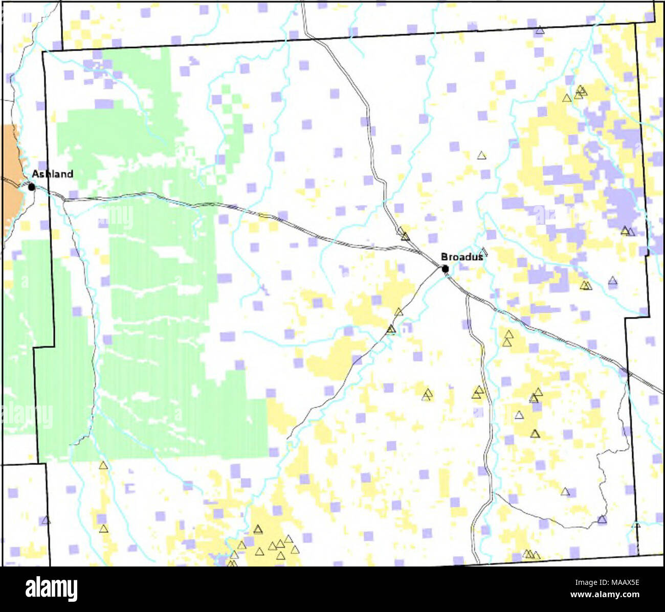 . Les espèces végétales d'intérêt et des associations végétales de poudre River County, Montana . . : ?^^ 10 Milec tiV, 4U 3DD^ trlnhiailHi la rrl emplacement un terrain   USPS BLM B Tribal Trust autres état de l'eau privé Banque D'Images