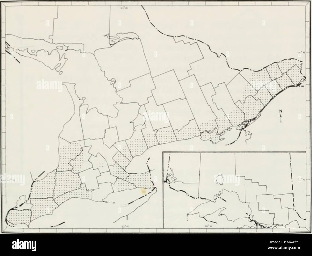 . Les vers de terre (lumbricidae et sparganophilidae) de l'Ontario . Fig. 5 La distribution de l'Ontario connaît une llolobophora chlorotica. Rivière, sous les billes. 26 avr 72. JWR. 2-0-9. *L'Autoroute 5 PEEL CO.. .81 km e de Dixie Road 29 Apr 72, JYVR. 0-0-2. "L'autoroute 7. Brampton, e.e.. sous les débris. 4 mai 73, 0-0-2 de JWR,. L'autoroute 401, 1.3 km w de Dixie Road. fossé humide. Mav 4 73. JWR, 0-0-1. 'Mitchell Co. de Perth, à côté de Collegiate, sous les billes, 4 73 Slaves. JWR &AMP ; DWR, 2-3-2. PRESCOTT CO. *l'autoroute 34, 2,58 km n de Vankleek Hill, sous les billes de bois et les roches. 11 mai 72. JWR. 1-2-6. L'CO. *l'autoroute 33, 1,61 km s de Carrying Place, u Banque D'Images