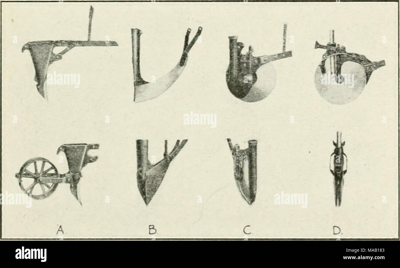. La culture sèche dans l'ouest du Canada . Fig. 43.-Types de perceuses. (A) houe avec pièce jointe de la presse ; (h) Service de percer ; (c) seul disque ; (d) Double disc perceuse. l'humidité, la chaleur et l'air conditions nécessaires à la croissance. Son efficacité comme un semoir, en dehors de son moi- mécanique des fautes ou des vertus est déterminée par la profondeur, il se place la semence et la fermeté du sol à propos de la semence après l'opération. Il y a quatre grands types de Banque D'Images