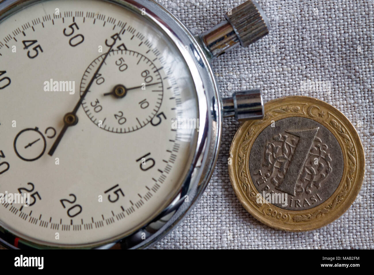 Coin turc avec une dénomination d'un cri et le chronomètre sur toile de lin gris - business background Banque D'Images