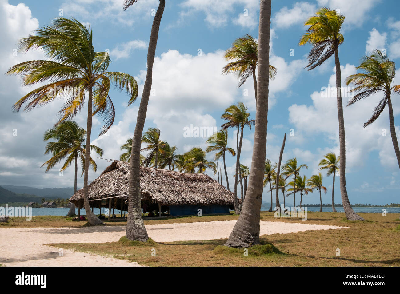 Chambre , bungalow avec toit de chaume sur palm tree island - Banque D'Images